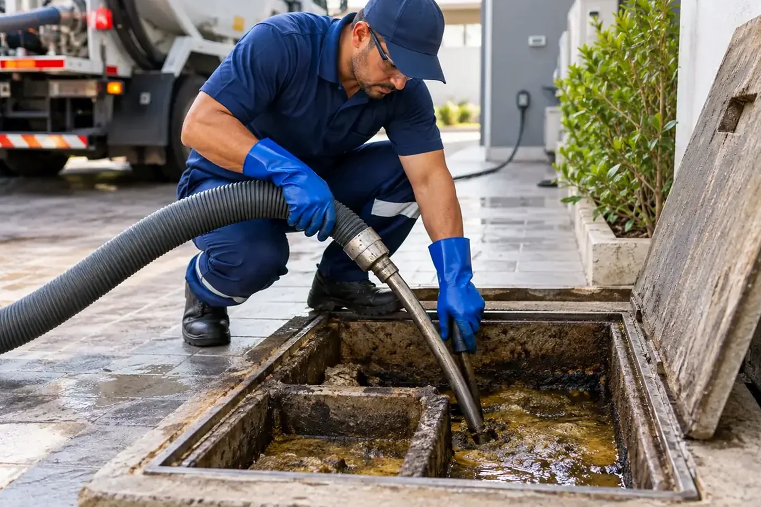Equipe desentupidora limpando caixa de gordura em uma cozinha.