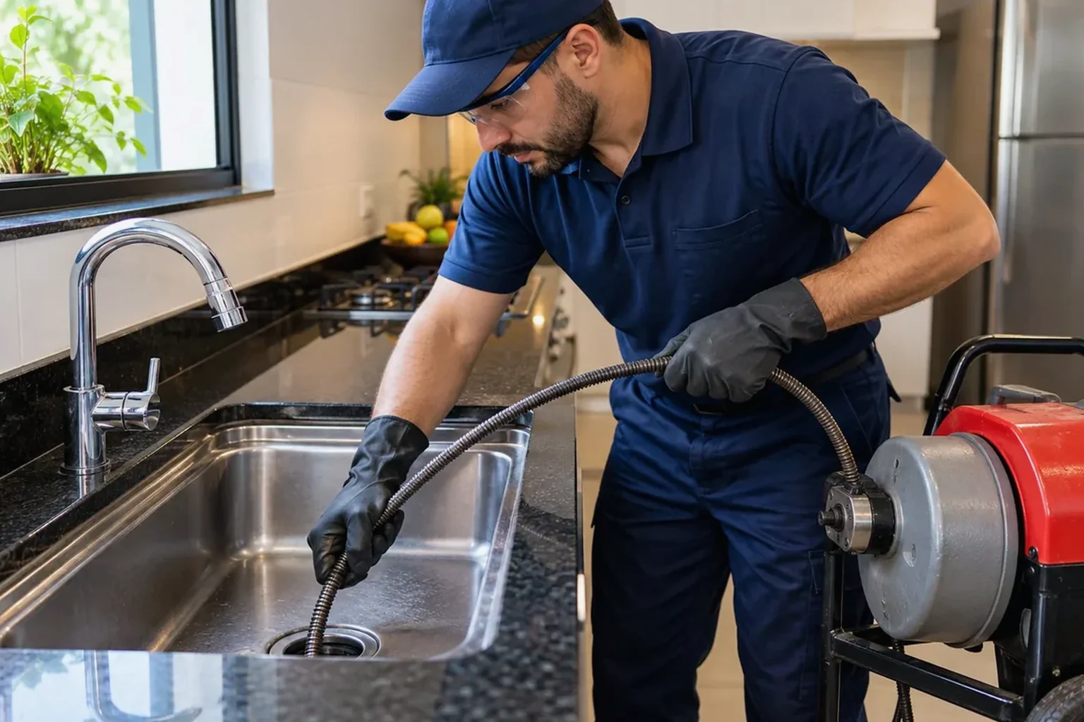 Equipe desentupidora realizando desentupimento de pia em um ambiente residencial.