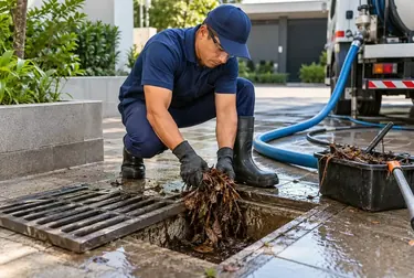 Equipe desentupidora realizando desentupimento de rede pluvial.