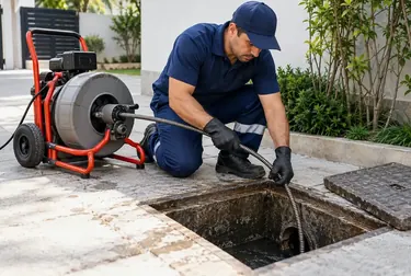 Equipo desentupidora em ação desentupindo esgoto na área urbana.