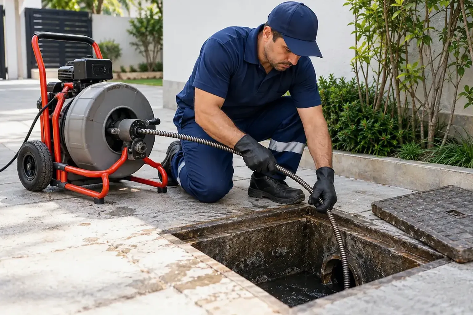 Equipo desentupidora em ação desentupindo esgoto na área urbana.