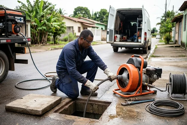 Profissional da desentupidora lidando com um problema de entupimento.