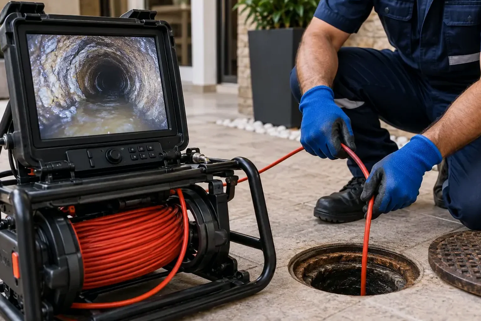 Profissional inspecionando tubulações com câmera.