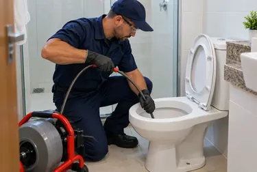 Técnico desentupidora trabalhando em vaso sanitário entupido.