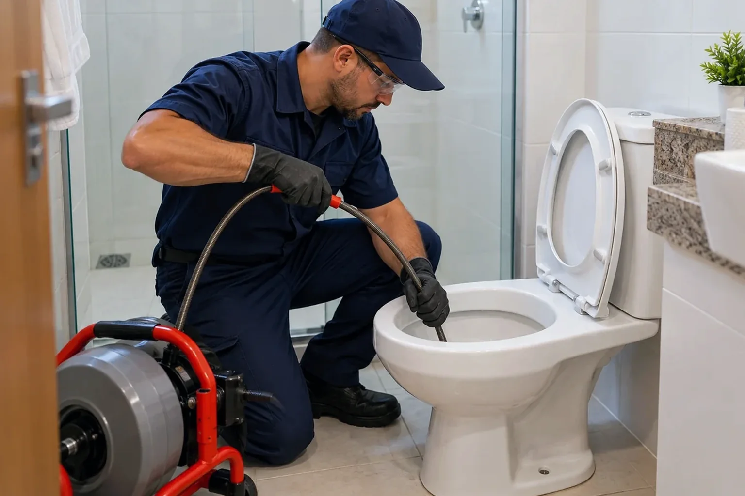 Técnico desentupidora trabalhando em vaso sanitário entupido.