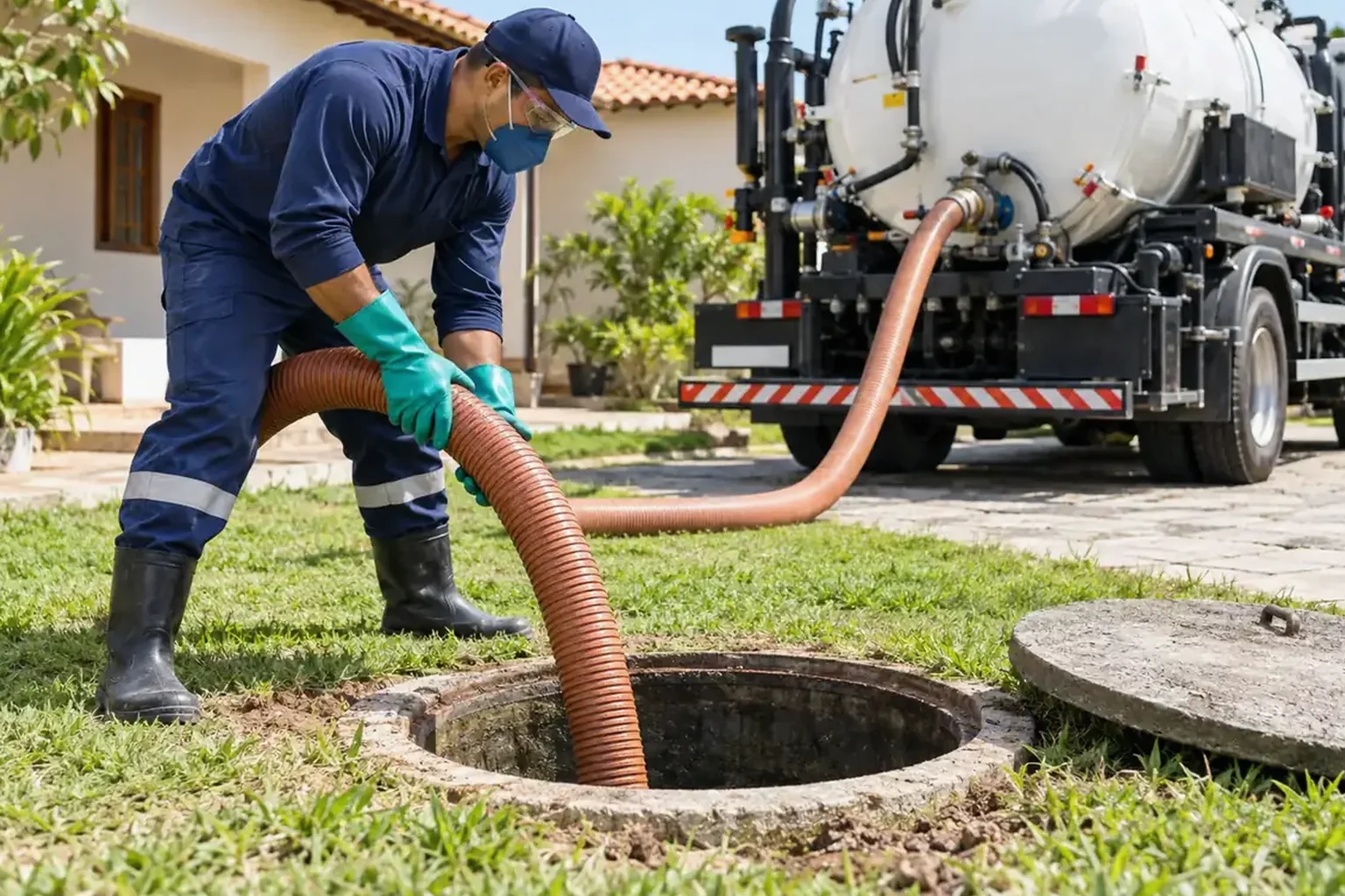 Técnico limpando fossa séptica em uma residência.