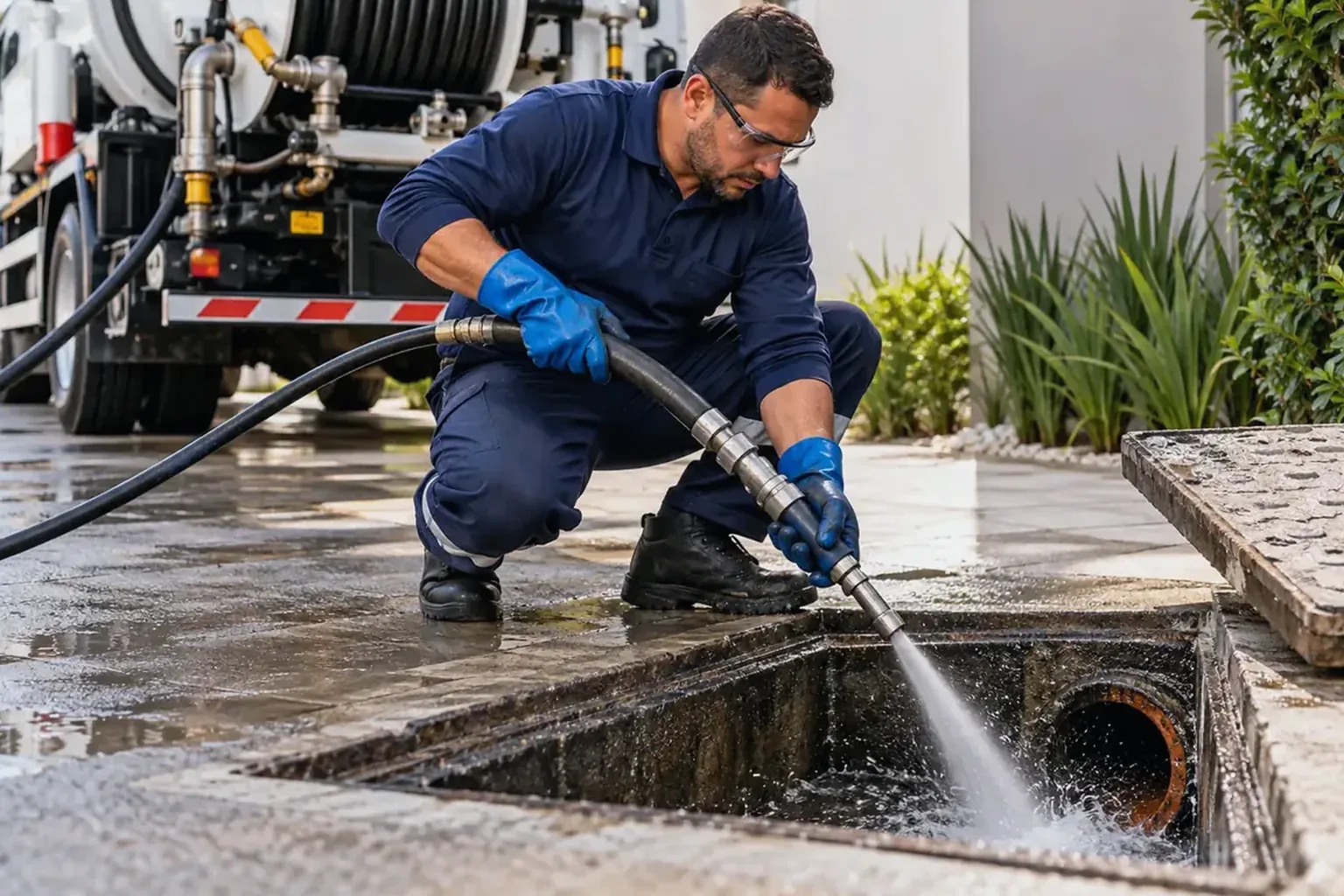 Técnico utilizando hidrojato para desobstrução de tubulações.
